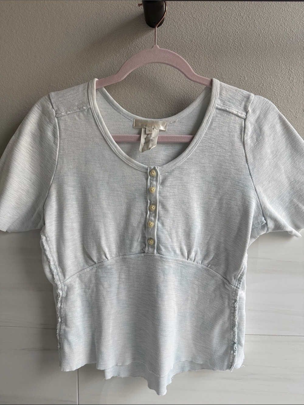 LoveShackFancy Light Blue Short Sleeve Henley Top